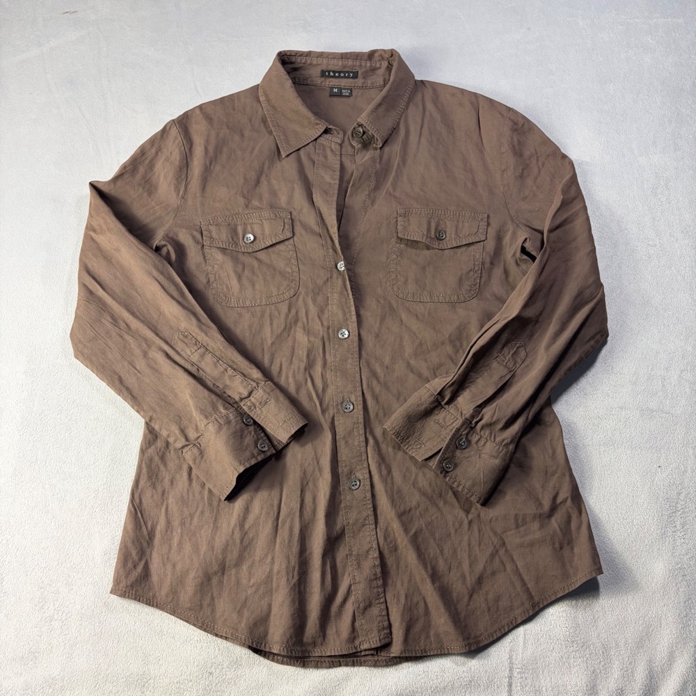 Theory Womens Brown Linen Viscose Stretch Button Down Utility Shirt Size M